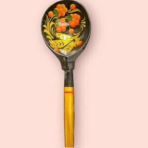 Russian Spoon Wooden Traditional Khokhloma Strawberry Hohloma Artwork 7.5"‎